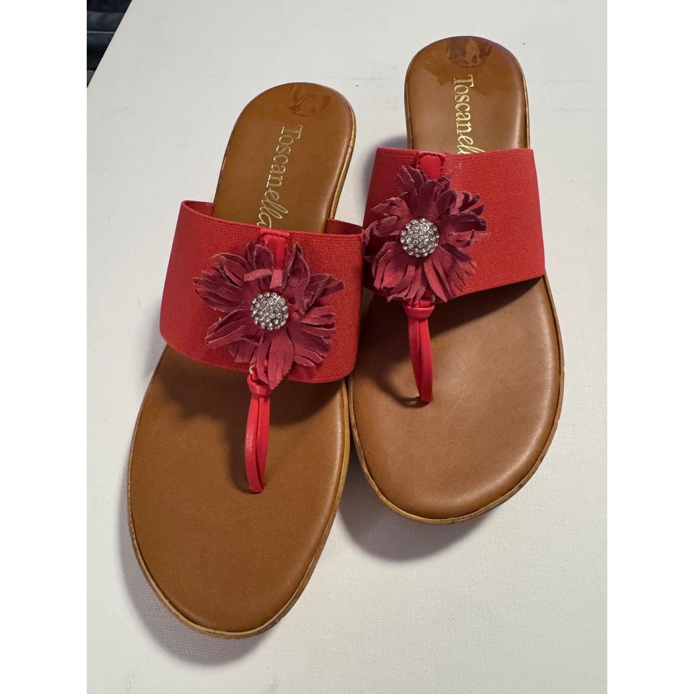 Made in Italy Orange Coral Floral Rhinestone Wedge Sandals 9.5 Y2K Boho